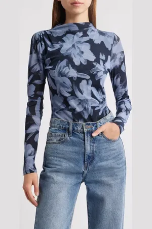Rails Joelle Floral Ruched Mesh Funnel Neck Top in at Nordstrom, Size Small