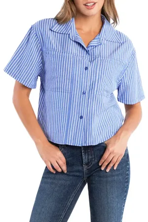 Billy The Kid Spot On Stripe Linen Blend Crop Button-Up Shirt in at Nordstrom, Size X-Large