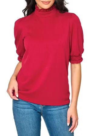 GIBSONLOOK Ruffle Mock Neck Puff Sleeve Sweater in at Nordstrom, Size Medium