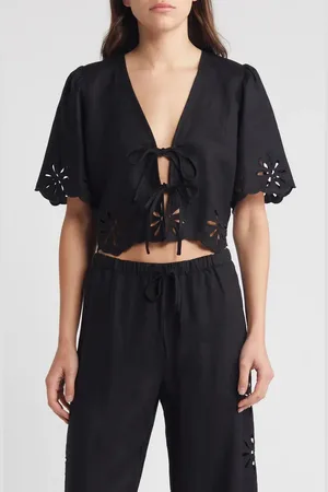Rails Pari Eyelet Tie Front Linen Crop Top in at Nordstrom, Size Large