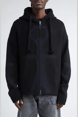J.W.Anderson Anchor Intarsia Hooded Merino Wool Zip Sweater in at Nordstrom, Size Medium