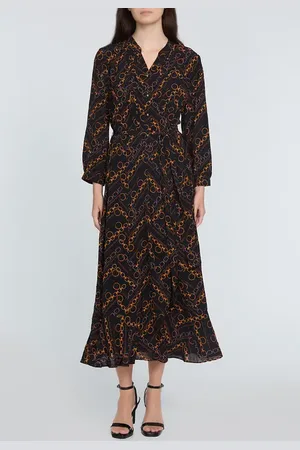 ELIE TAHARI The Mila Chain Print Pleated Long Sleeve Stretch Silk Midi Dress in at Nordstrom, Size Small