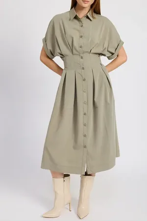 En Saison Roan Pleated Waist Midi Shirtdress in at Nordstrom, Size Large