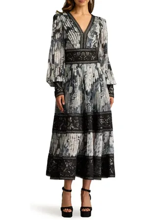 Tadashi Shoji Floral Lace Detail Metallic Thread Long Sleeve Cocktail Midi Dress in at Nordstrom, Size 10