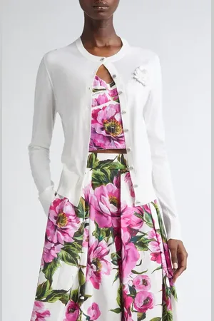 Dolce & Gabbana Floral Appliqu?? Silk Crewneck Cardigan in at Nordstrom, Size 8 Us