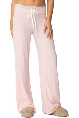 Edikted Peekaboo Lace Trim Knit Wide Leg Pants in at Nordstrom, Size Large