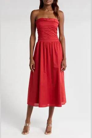 WAYF Olivia Pleated Bodice Convertible Strapless Cotton Midi Dress in at Nordstrom, Size X-Small