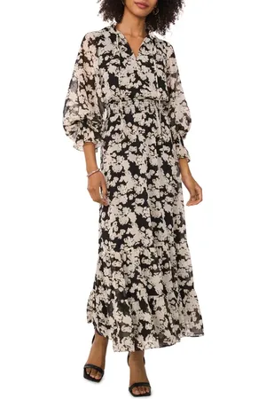 Vince Camuto Bead Detail Floral Long Sleeve Maxi Dress in at Nordstrom, Size Xx-Small