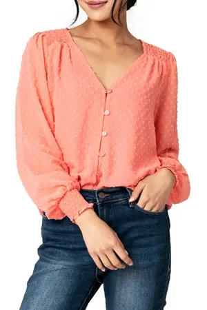 GIBSONLOOK Pin Dot Smocked Detail V-Neck Blouse in at Nordstrom, Size Xx-Small