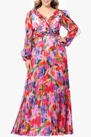 Betsy & Adam Pleated Long Sleeve Maxi Dress in at Nordstrom, Size 14W