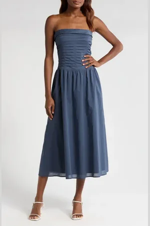 WAYF Olivia Pleated Bodice Convertible Strapless Cotton Midi Dress in at Nordstrom, Size X-Large