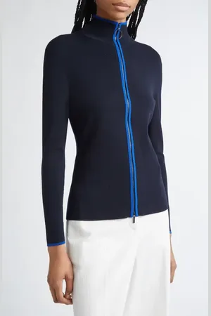 AKRIS Contrast Trim Virgin Merino Wool Zip Front Cardigan in at Nordstrom, Size 14
