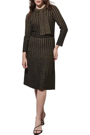 Ming Wang Shimmer Stripe Tie Neck Metallic Sweater Dress in at Nordstrom, Size X-Small