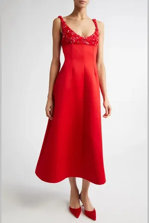 EMILIA WICKSTEAD Abella Embellished Yoke Double Satin Midi Dress in at Nordstrom, Size 2 Us