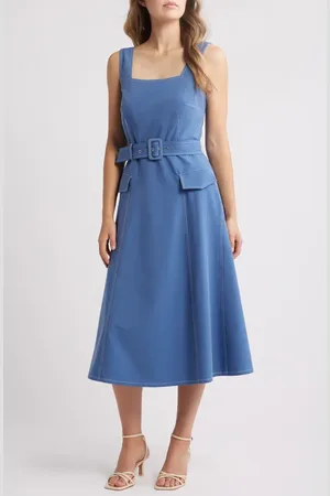 ELIE TAHARI Sleeveless Belted Denim Midi Dress in at Nordstrom, Size 8