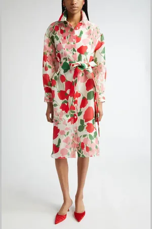 Carolina Herrera Oversize Floral Long Sleeve Belted Silk Shirtdress in at Nordstrom, Size 6