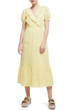 River Island Short Sleeve Faux Wrap Broderie Anglaise Cotton Dress in at Nordstrom, Size 6