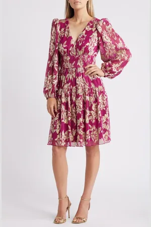 Vince Camuto Metallic Floral Long Sleeve Fit & Flare Dress in at Nordstrom, Size 4