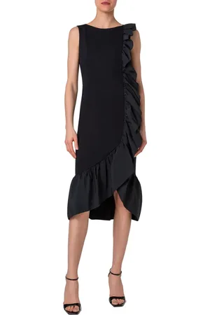 AKRIS Bateau Neck Ruffle Trim Midi Dress in at Nordstrom, Size 2