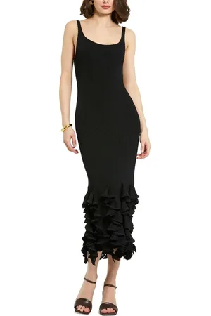 Mac Duggal Rib Knit Sleeveless Ruffle Hem Midi Dress in at Nordstrom, Size Large