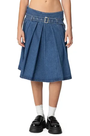 Edikted Belted Pleated Denim Midi Skirt in at Nordstrom, Size X-Small