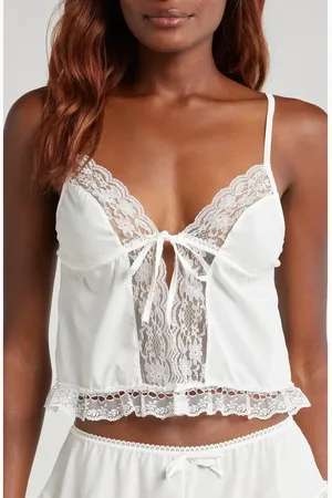 Kat The Label Harriet Tie Front Lace Trim Crop Camisole in at Nordstrom, Size Large