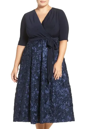 Alex Evenings Tea Length Jersey & Rosette Lace Dress in at Nordstrom, Size 14W