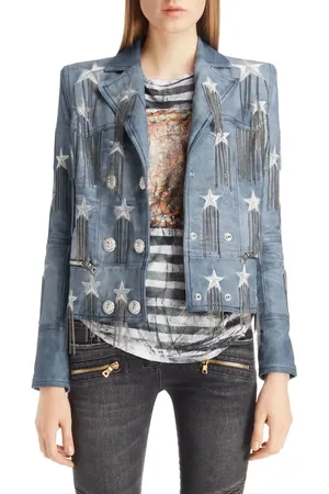 Balmain Star & Chain Embellished Leather Jacket in at Nordstrom, Size 10 Us