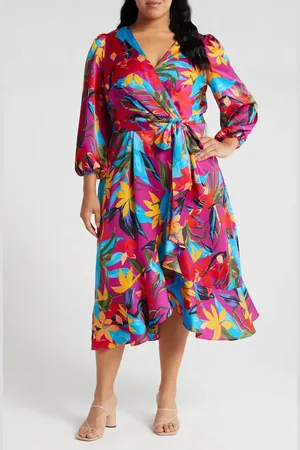 Tahari ASL Floral Satin Faux Wrap Dress in at Nordstrom, Size 14W