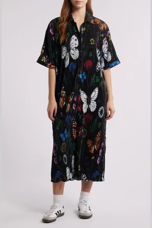 Dressed in Lala So Far So Good Print Pliss?? Satin Shirtdress in at Nordstrom, Size Medium