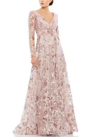 Mac Duggal Embellished V Neck Illusion Long Sleeve A Line Gown in at Nordstrom, Size 26