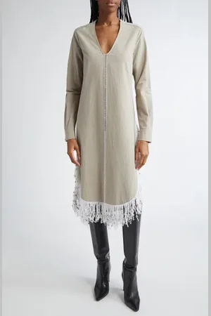 Diotima Una Beaded Fringe Long Sleeve Organic Cotton Midi Dress in at Nordstrom, Size 1