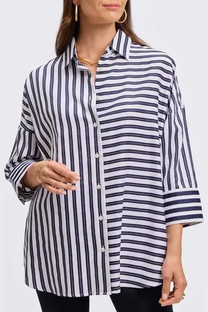 Foxcroft Avery Stripe Tie Waist Tunic Shirt in at Nordstrom, Size X-Large