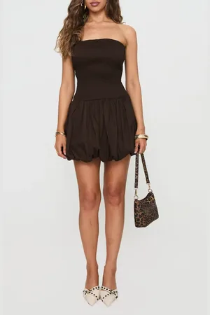 Princess Polly Bonjour Smocked Strapless Bubble Hem Minidress in Brown /Beige at Nordstrom, Size 2