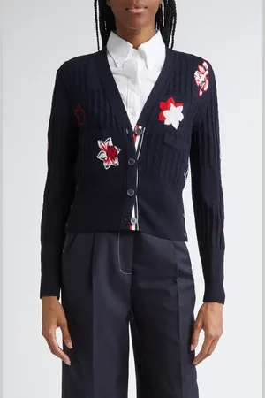 Thom Browne Hector Floral Cable Knit Virgin Wool Cardigan in at Nordstrom, Size 4 Us