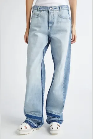 Stella McCartney Contrast Panel Raw Hem High Waist Straight Leg Jeans in at Nordstrom, Size 25