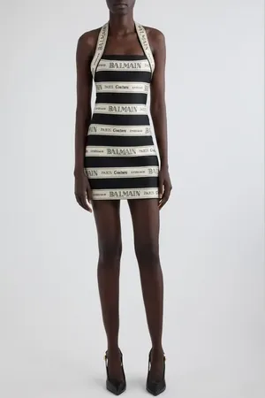 Balmain Logo Stripe Jacquard Halter Minidress in at Nordstrom, Size 8 Us