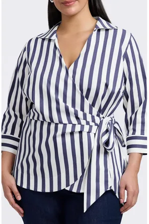 Foxcroft Salina Stripe Cotton Blend Wrap Shirt in at Nordstrom, Size 2X