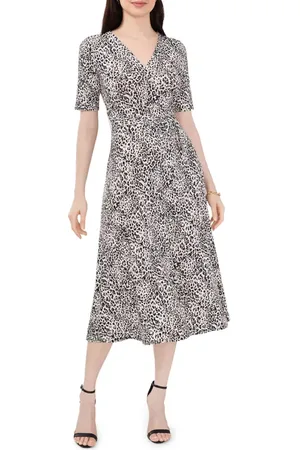 Chaussmoi Animal Print Belted Faux-Wrap Midi Dress in at Nordstrom, Size Small