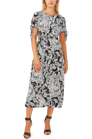 Chaussmoi Print Tie Waist Split Sleeve Midi Dress in at Nordstrom, Size Small