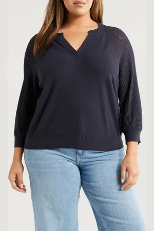 Wit & Wisdom Mixed Stitch Split Neck Sweater in at Nordstrom, Size 1X