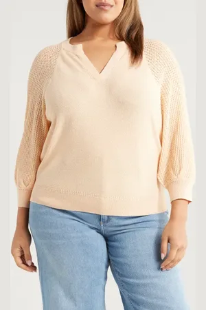 Wit & Wisdom Mixed Stitch Split Neck Sweater in at Nordstrom, Size 2X