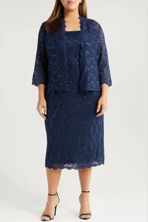 Sl Fashions SLNY Floral Lace Sequin Cardigan & Dress Set in at Nordstrom, Size 18W