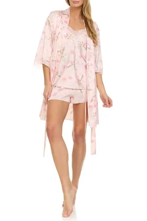 Flora Nikrooz Sabrina Floral Print Satin Short Pajamas & Robe Set in at Nordstrom, Size X-Small