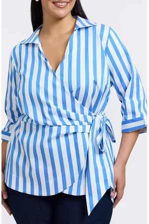 Foxcroft Salina Stripe Cotton Blend Wrap Shirt in at Nordstrom, Size 2X