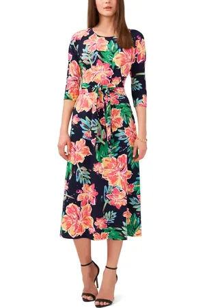 Chaussmoi Floral Tie Front Three-Quarter Sleeve Midi Dress in at Nordstrom, Size Small