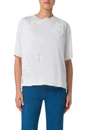 AKRIS Mesh Carnation Appliqu?? Cotton T-Shirt in at Nordstrom, Size 14