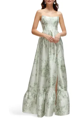 Dessy Collection Floral Strapless Bustier Bodice Satin Gown in at Nordstrom, Size 6