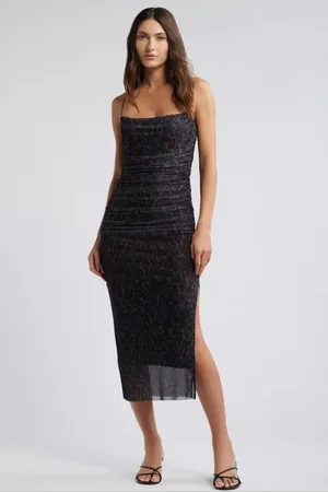 Open Edit Shirred Mesh Midi Dress in at Nordstrom, Size Small