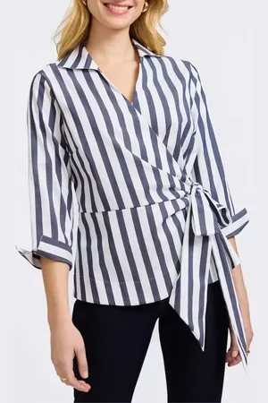 Foxcroft Salina Stripe Cotton Blend Wrap Shirt in at Nordstrom, Size Large